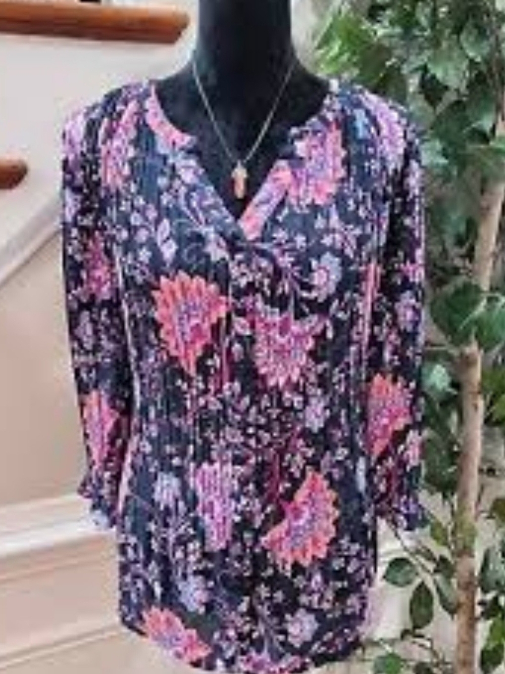 croft & barrow Black Long-Sleeve Floral V-Neck Top with Pink Accents